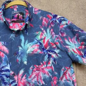 Retro Rifle Mens Hawaiian Shirt Blue Palm Tree Print Button Down Size Large